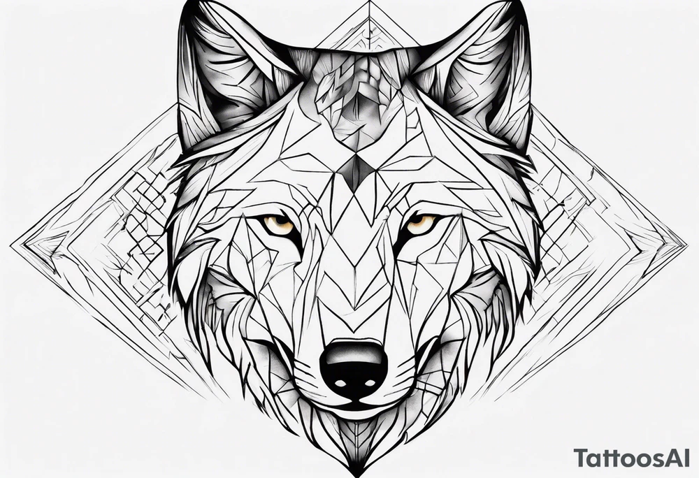 Wolf's face with geometric patterns flowing from it along with impressions of trees, a forest. It should be shaped to fit on a forearm (longer than it is wide) tattoo idea