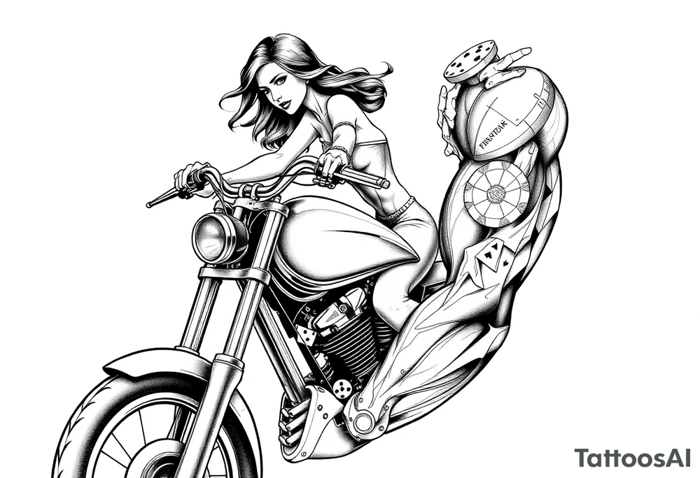 woman on a motorcycle with gambling inserts tattoo idea