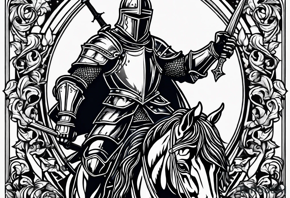 knight holding a bible over his head in combat tattoo idea