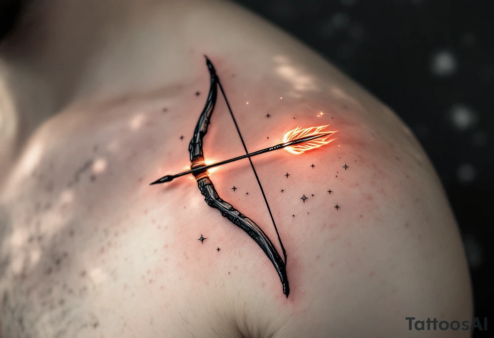 A realistic bow and arrow, with the arrow’s tip shooting through a crescent moon. The bow is detailed with wooden textures, and the arrow glows with a fiery orange hue, symbolizing Sagittarius' adventurous spirit and fiery nature. Surrounding the bow are small stars in silver to evoke the constellation. tattoo idea
