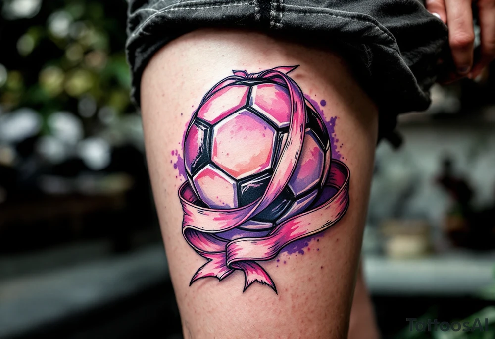 A pink and lavender soccer ball tied with a ribbon to represent youth soccer spirit. tattoo idea