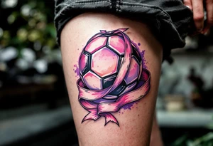A pink and lavender soccer ball tied with a ribbon to represent youth soccer spirit. tattoo idea