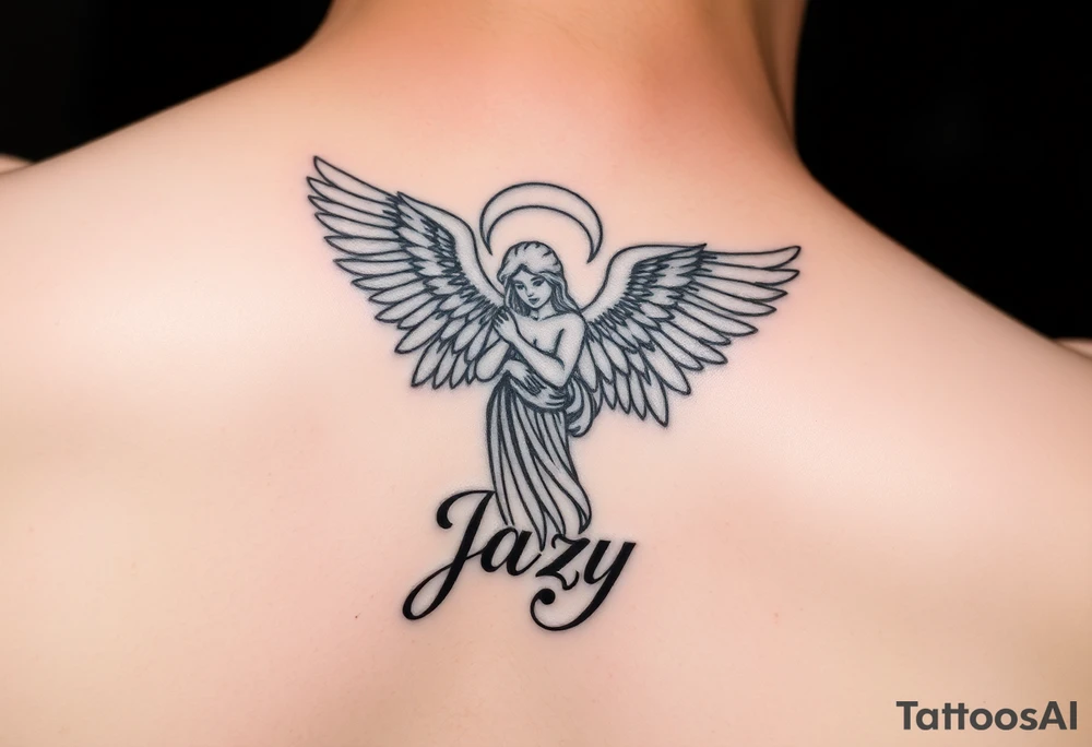 upper arm tattoo - Remembrance angel of a deceased best friend with the name Jazy incorporated tattoo idea
