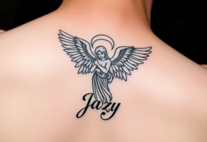 upper arm tattoo - Remembrance angel of a deceased best friend with the name Jazy incorporated tattoo idea