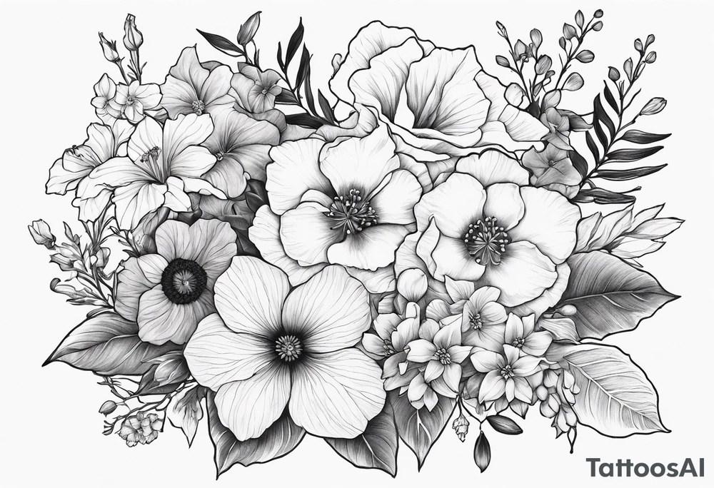 Floral Bouquet with blue hydrangea, Gladiolus, Poppy, Daisy, Sweet Pea, Narcissus, Poinsettia, and Holly tattoo idea