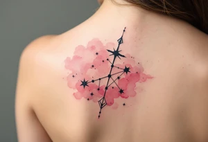 The Sagittarius star constellation drawn in crisp black ink over a faded blush-pink watercolor cloud. tattoo idea
