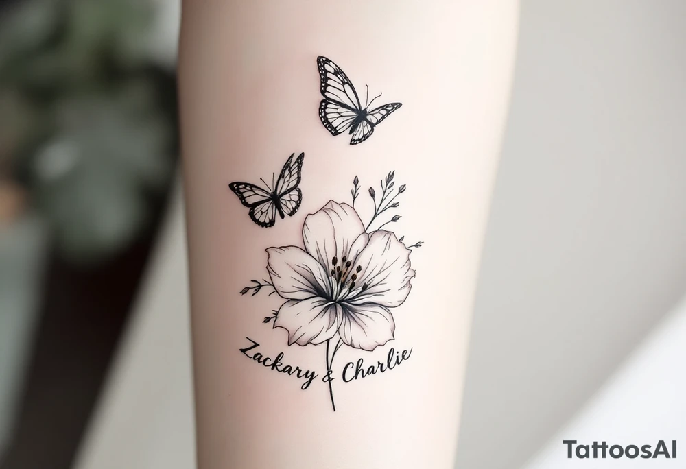 A delicate and highly detailed tattoo design featuring elegant flowers and two butterflies, symbolizing family, love, and the bond between a mother and her children. The flowers, such as lilies or peonies, represent protection, beauty, and unconditional love. Two butterflies gracefully flying around the flowers symbolize the children, Zackary and Charlie, representing their growth and freedom. Their names should be subtly integrated into the design, either along the stems of the flowers, within the butterfly wings, or in an elegant script flowing naturally with the composition. The tattoo should have a soft, flowing aesthetic with fine details, subtle shading, and a harmonious balance between nature and symbolism. The style can be fine line, realistic, or watercolor for a timeless and meaningful look. tattoo idea