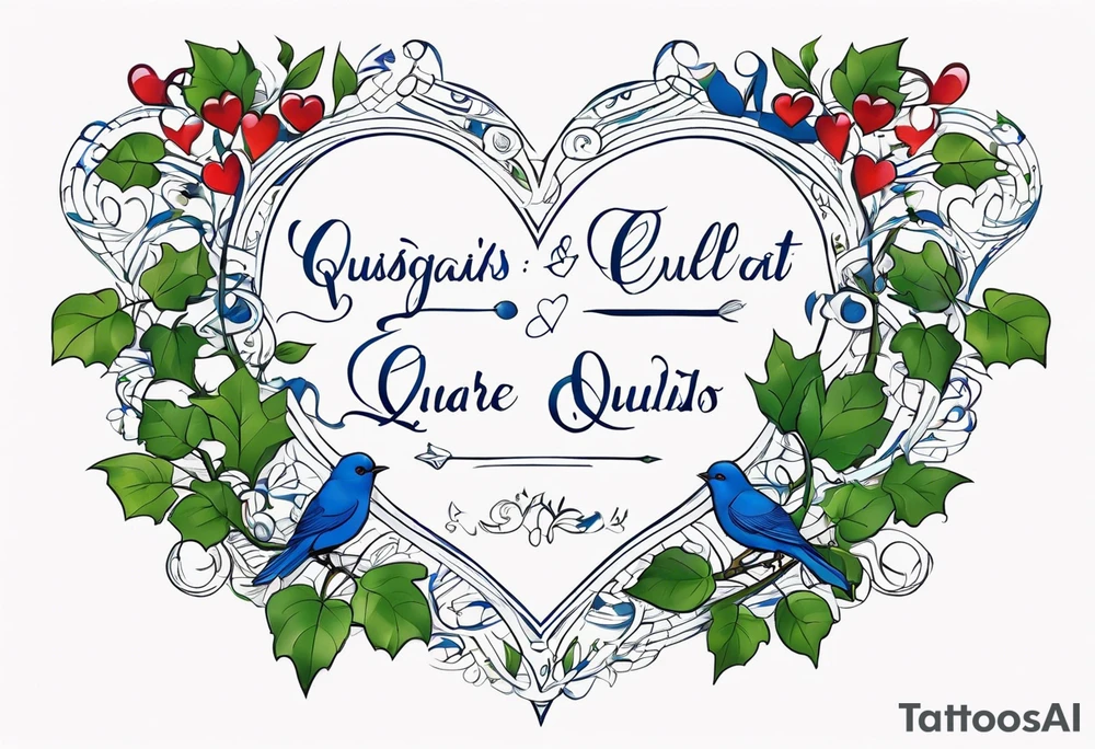 "Quisquis amat valeat, pereat quid nescit amare, bis tanto pereat quisquis amare vetat" intertwined with ivy leaves, hearts and bluebirds tattoo idea