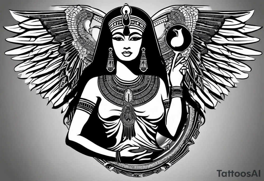 black and white Egyptian goddess Isis, who is often depicted as a woman with outstretched wings, holding an ankh (a symbol of life) in one hand and a lotus flower in the other. Her headdress often includes a throne or a solar disk. The tattoo design can vary in style and size, but it typically aims to capture the essence of this revered Egyptian deity, emphasizing her beauty, power, and maternal qualities. The choice of colors and additional elements can also be customized to create a unique and visually striking representation of the goddess Isis tattoo idea