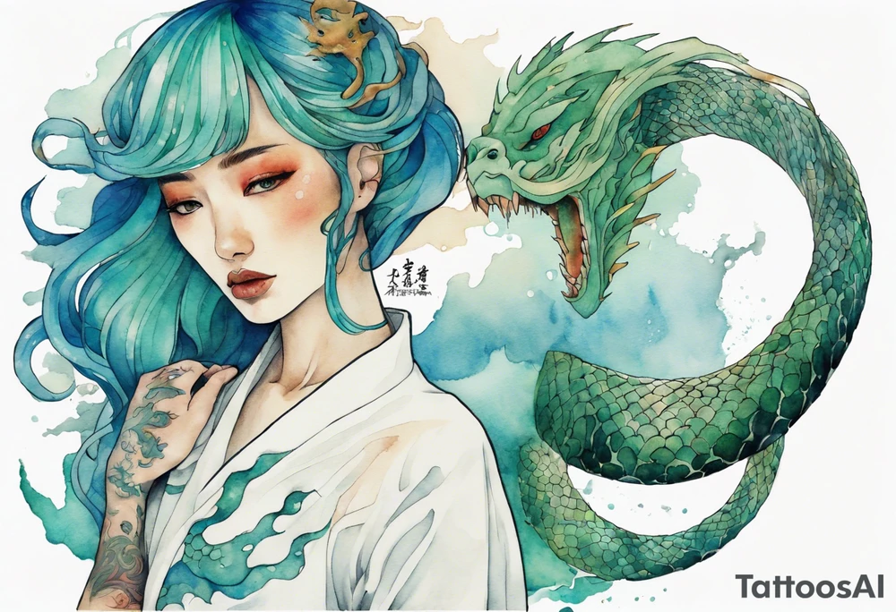 a sea serpent next to a woman with blue-green hair wearing a white tunic tattoo idea