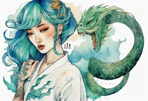 a sea serpent next to a woman with blue-green hair wearing a white tunic tattoo idea
