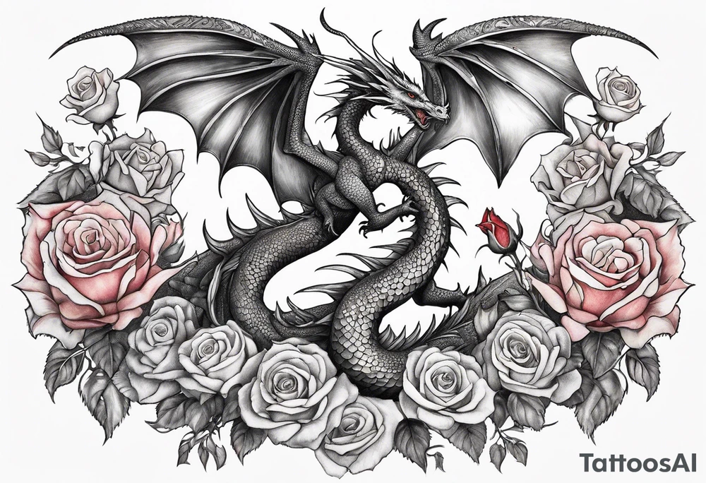 Mother dragon with wings spread with smaller dragons on each side of the mother dragon and roses tattoo idea