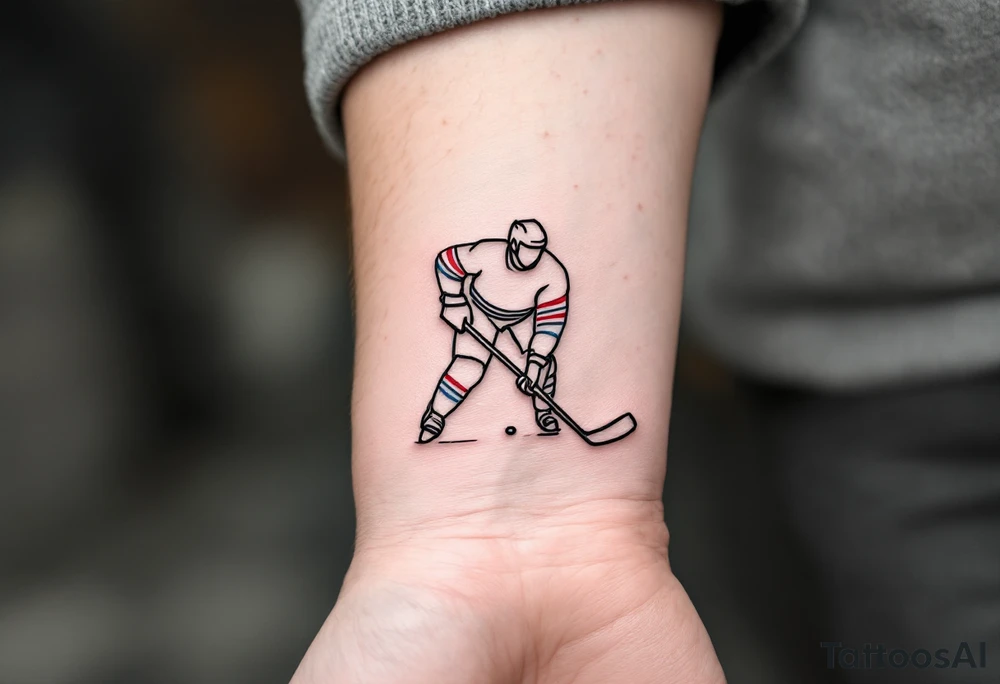 Minimalist Hockey Linework – Thin black lines forming a player mid-shot in dynamic motion, accented with red and blue stripes to represent a team. tattoo idea