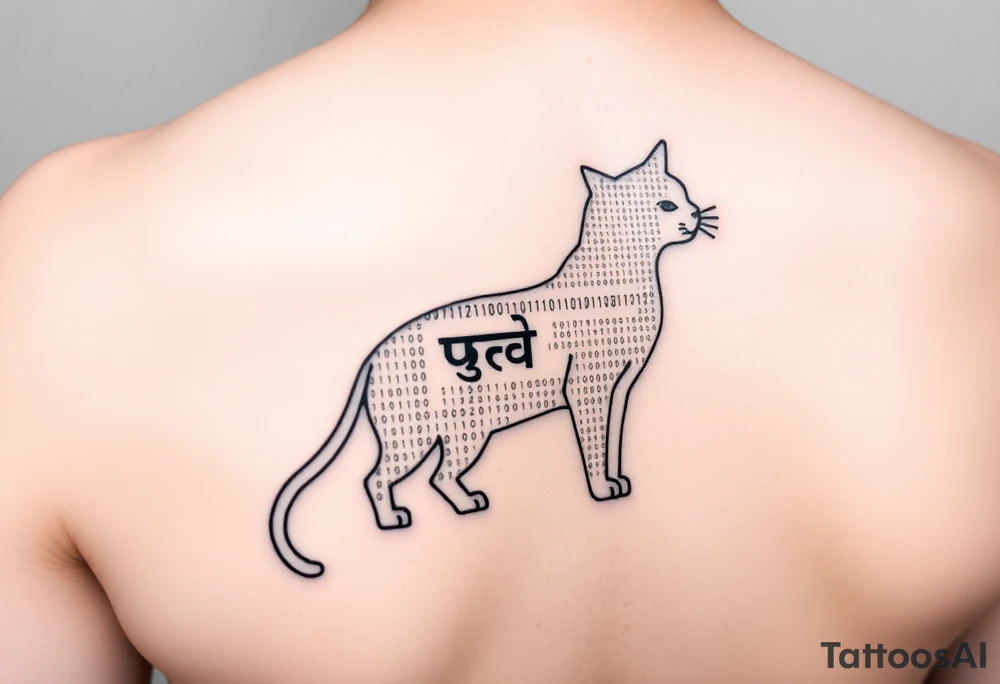 "Minimalist black tattoo of a quantum cat. Design elements:  
1. Outline made of binary code (alternating 0 and 1, crisp 1.5mm lines)  
2. Negative space inside body reveals hidden Sanskrit text ('अवलोकन न करें') when tilted  
3. Tail curves into a question mark  

Technical specs:  
- Pure black ink  
- Size: 8x5cm (forearm placement)  
- Style: geometric dotwork with optical illusion  

Philosophical hook: 'The cat only exists when unobserved'" tattoo idea