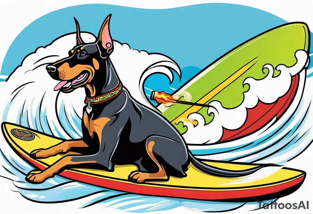 doberman smoking a cigar on a surfboard tattoo idea