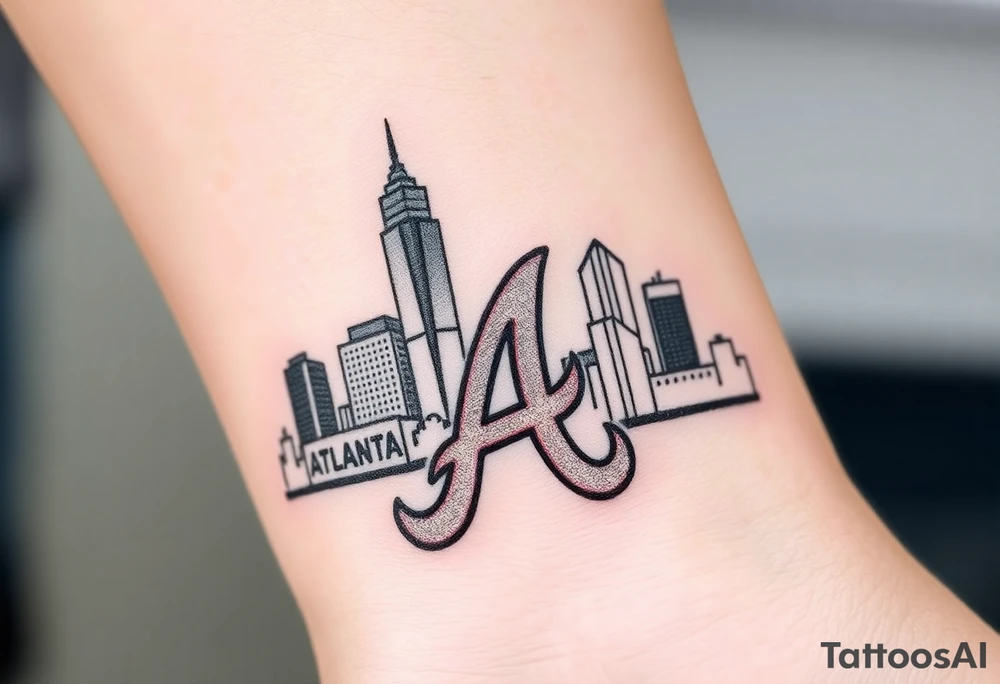 3D layered Atlanta skyline with Atlanta Braves letter logo “A” tattoo idea