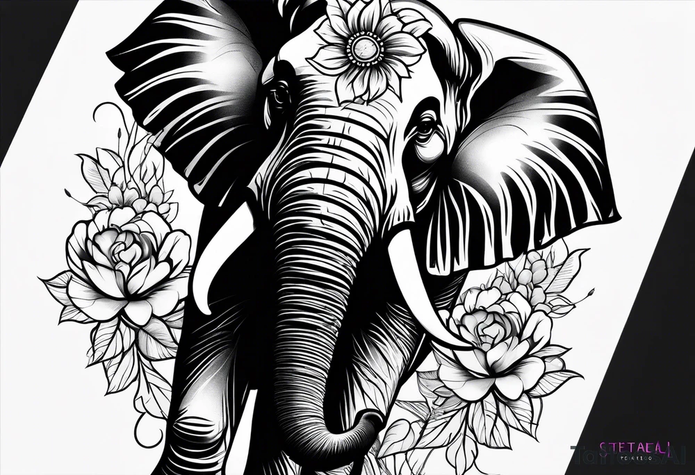 elephant face with flowers tattoo idea