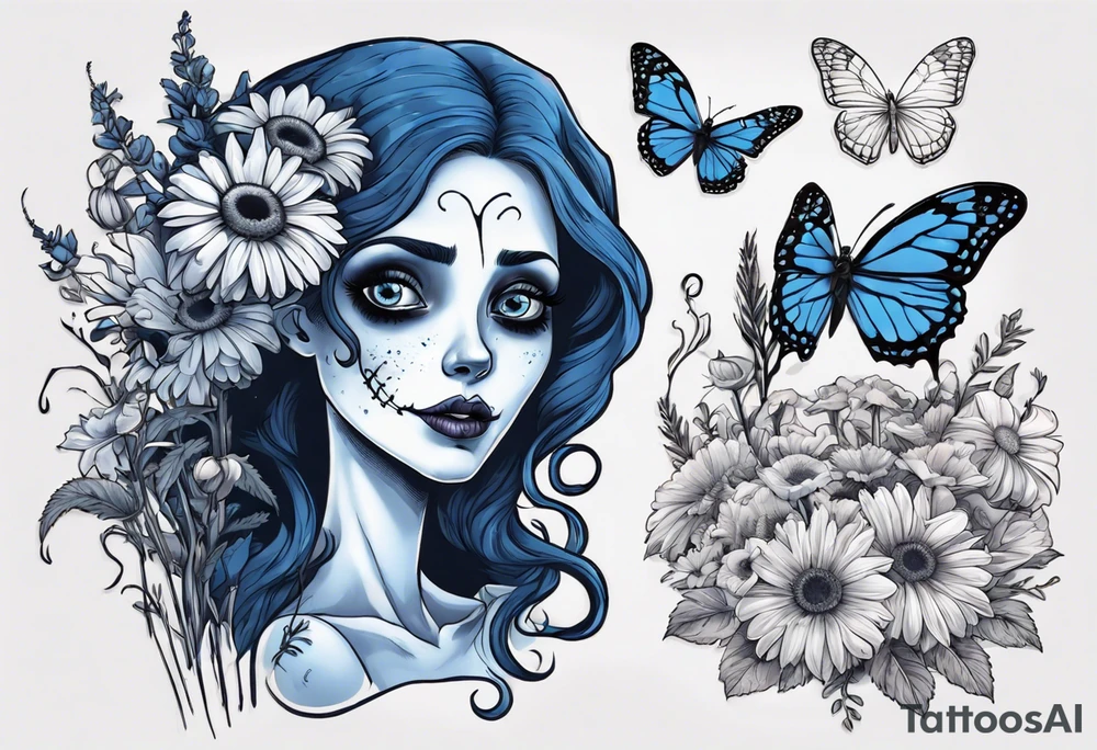 corpse bride Emily holding a bouquet of flowers. one white daisy in the bouquet. one blue butterfly. A full moon on the background. full grown tattoo idea