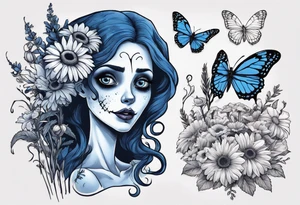 corpse bride Emily holding a bouquet of flowers. one white daisy in the bouquet. one blue butterfly. A full moon on the background. full grown tattoo idea