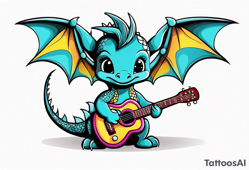 cute baby dragon with guitar tattoo idea