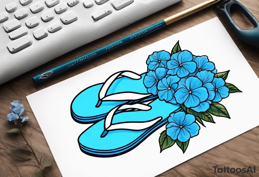 small tattoo of a light blue flip flop surrounded by blue hydrangea flowers tattoo idea