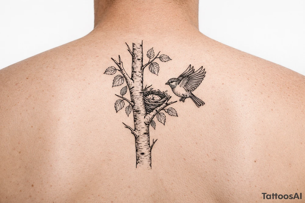 Minimalist fine-line tattoo design on a pure white background. A single clean silver birch branch extending vertically with natural, simple offshoots. Small birch leaves. A small, simple bird nest tucked quietly into the main branch fork, partially hidden by leaves. A single detailed common sparrow flying gracefully near the branch. Clean black linework, subtle stippling, simple composition, no intersecting line errors, no floating branches, isolated on white background tattoo idea