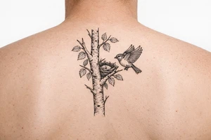 Minimalist fine-line tattoo design on a pure white background. A single clean silver birch branch extending vertically with natural, simple offshoots. Small birch leaves. A small, simple bird nest tucked quietly into the main branch fork, partially hidden by leaves. A single detailed common sparrow flying gracefully near the branch. Clean black linework, subtle stippling, simple composition, no intersecting line errors, no floating branches, isolated on white background tattoo idea