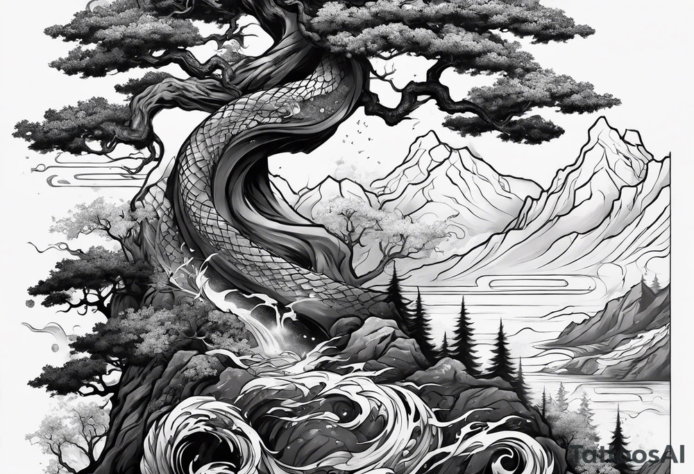 Full arm sleeve, tree going up to shoulder dead tree going down to wrist, wrapped in a serpent moving down with mountain, water, and demonic elements tattoo idea