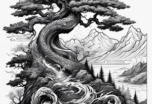 Full arm sleeve, tree going up to shoulder dead tree going down to wrist, wrapped in a serpent moving down with mountain, water, and demonic elements tattoo idea