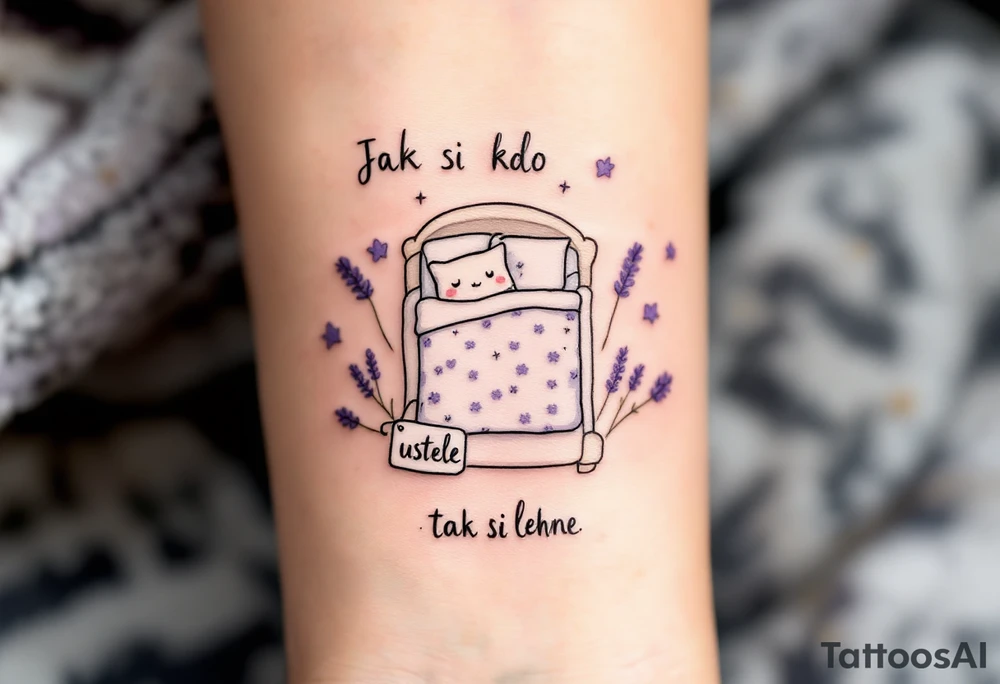 "Jak si kdo ustele, tak si lehne." — A cozy bed drawn in fine black linework, surrounded by delicate lavender accents and the quote on a pillow tag. tattoo idea