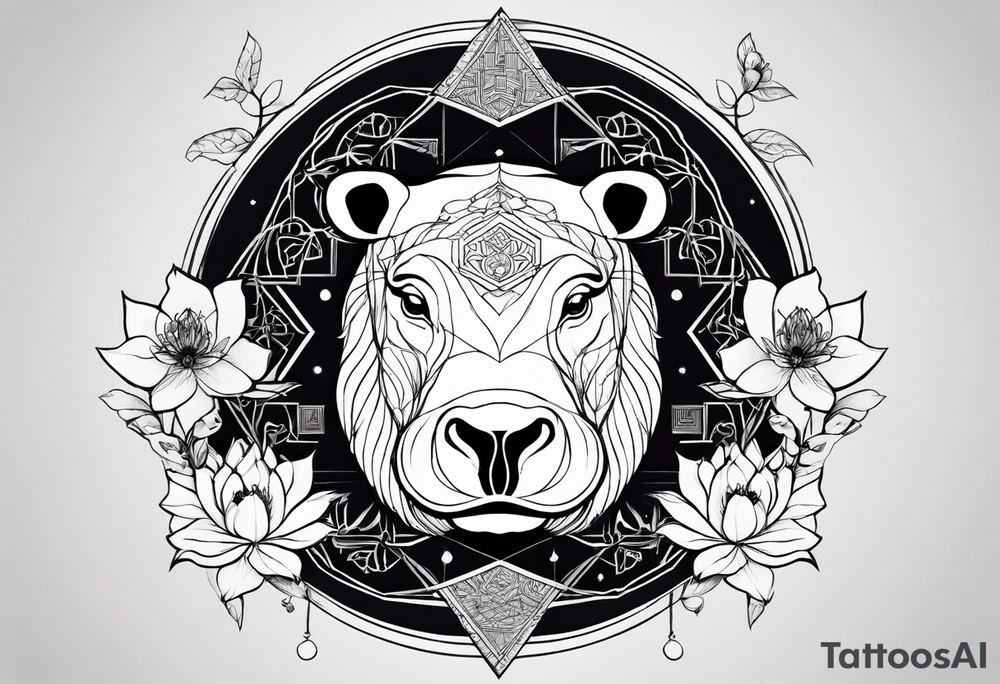 Very asymmetrical, +geometric pattern, with realistic full moon, with seeious looking hippo, +zen feel, + Buddhism touch, +tribal, +geometric, +chinese inkart 
with wintersweet flower bud, +portrait orientation, +inkart touch, tattoo idea