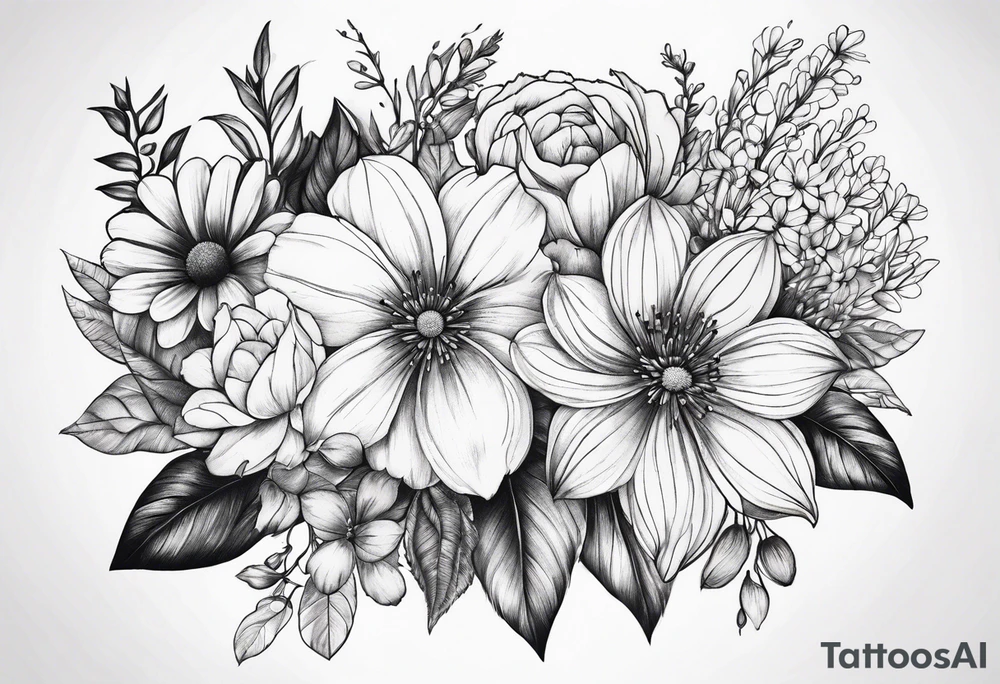 fine line floral bouquet tattoo idea
