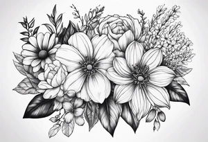 fine line floral bouquet tattoo idea