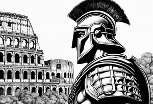 Side profile of spartan soilder with Rome Pantheon and colosseum in background tattoo idea