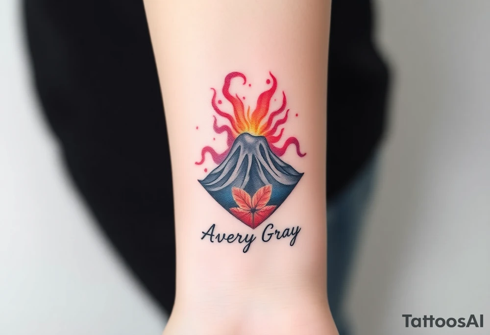 Female Geometric Volcano tattoo erupting in a heart with text Avery Gray tattoo idea