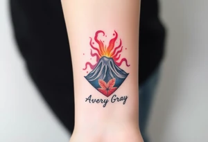 Female Geometric Volcano tattoo erupting in a heart with text Avery Gray tattoo idea