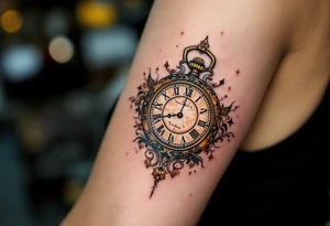 Ornate pocket watch tattoo showing 13:37 and "Veronika – 2.9.2016" in warm sepia tones. tattoo idea