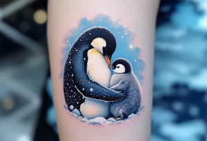A penguin mother in black and white cuddling her chick in a snowy blue background shows warmth and constant presence. tattoo idea