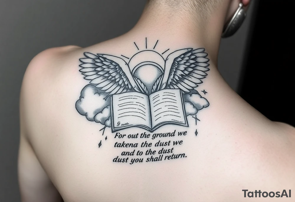 A black and white tattoo that will be placed in the forearm, the tattoo is based on biblical images such as clouds, angels, wings, gods hands, wisdom, glory and a journal pages style with a text reading “For out of the ground we were taken for the dust we are and to the dust we shall return” tattoo idea