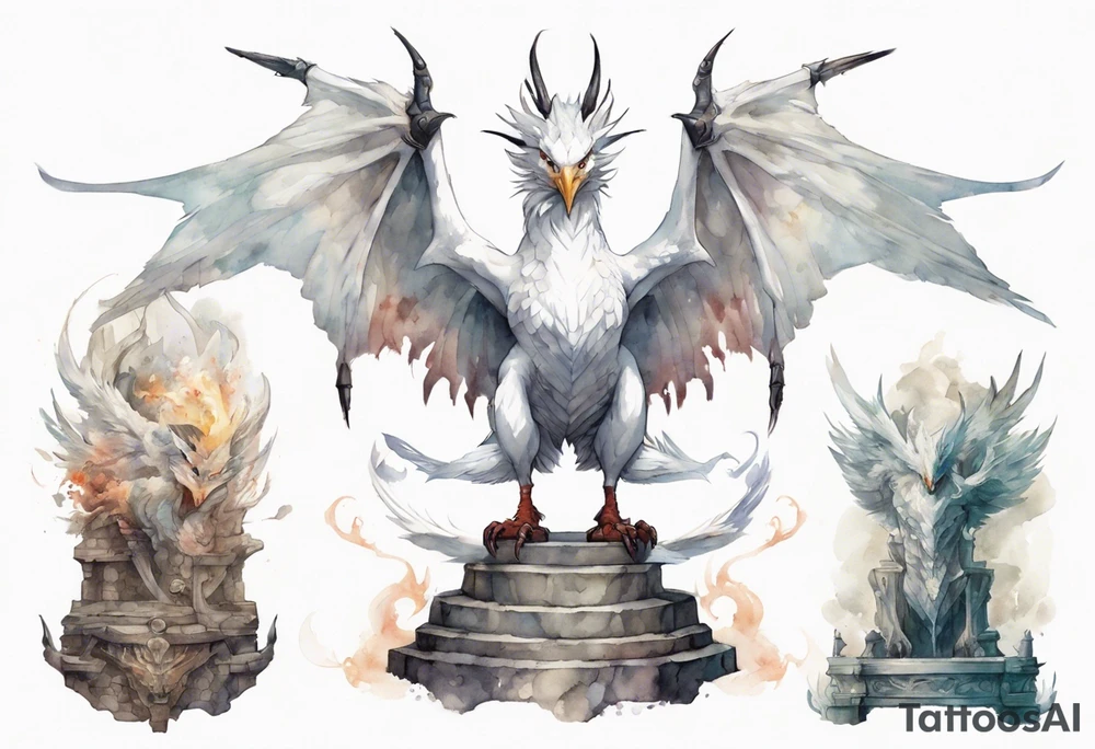 a white bird-wyvern hybrid wearing a plain iron diadem, standing on a stone throne tattoo idea
