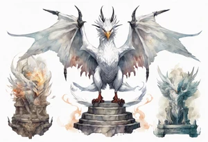 a white bird-wyvern hybrid wearing a plain iron diadem, standing on a stone throne tattoo idea