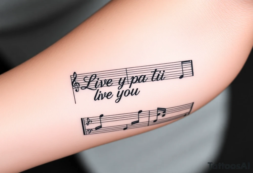 sheet music with the first 1 minute of Santana's song samba pa ti with the phrase "Live Your Lyrics" in fancy cursive between the top and bottom staves tattoo idea