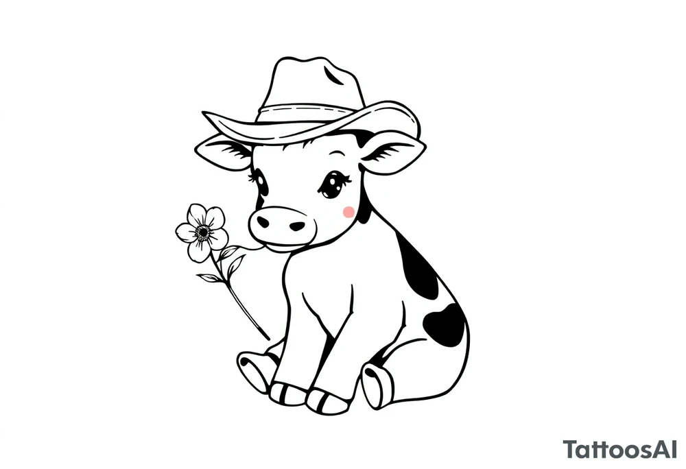 cute black and white baby cow sitting wearing a cowboy hat with a flower in mouth tattoo idea