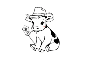 cute black and white baby cow sitting wearing a cowboy hat with a flower in mouth tattoo idea