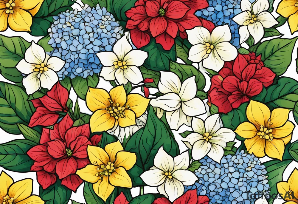 Hydrangea, Narcissus, Poinsettia, Holly, Gladiolus, Poppy, Daisy, Sweet Pea floral tattoo idea