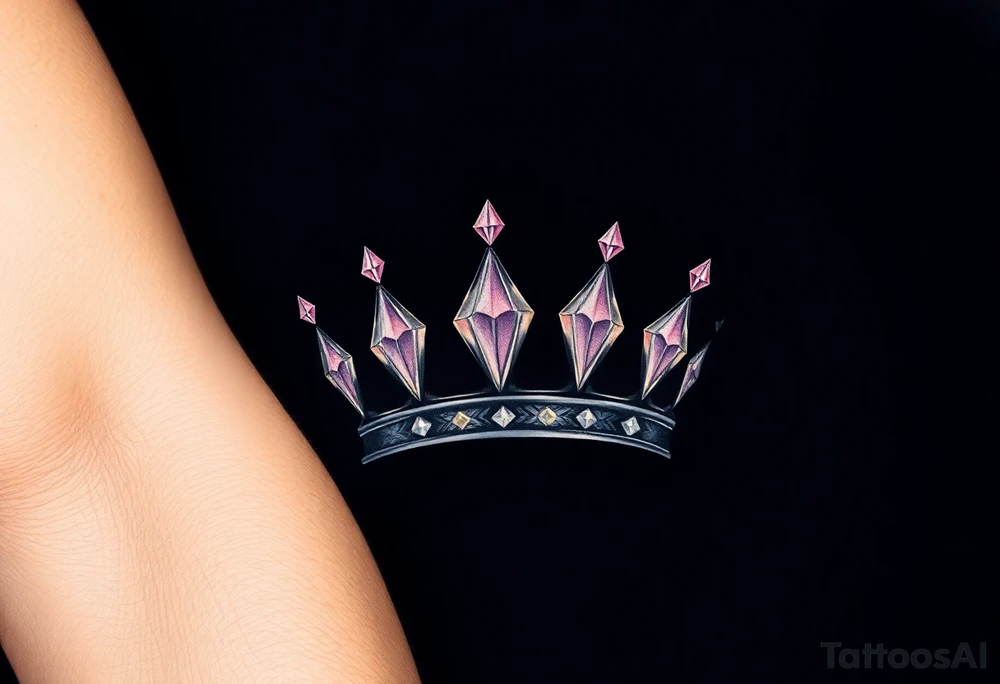 A crown with diamond details on the points, set against a dark velvet background, with the diamonds reflecting soft pastel hues of pink and purple, symbolizing royalty and luxury tattoo idea