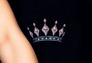 A crown with diamond details on the points, set against a dark velvet background, with the diamonds reflecting soft pastel hues of pink and purple, symbolizing royalty and luxury tattoo idea