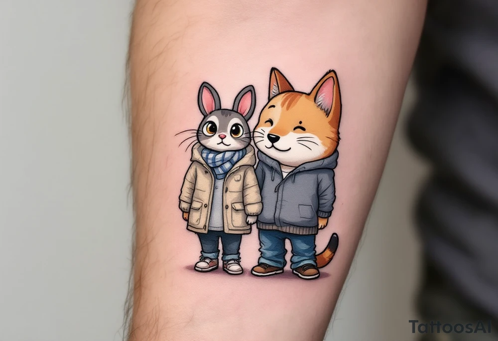 A cartoon cat, a loyal dog, and a tiny bunny dressed on casual human clothes tattoo idea