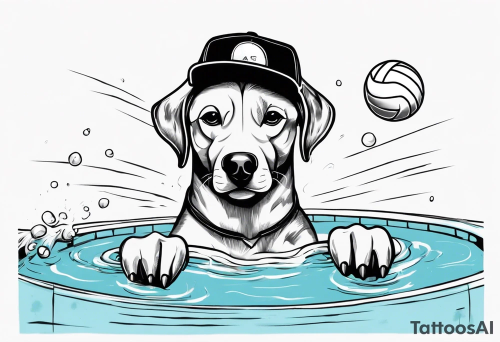 dog in a pool wearing water polo cap tattoo idea