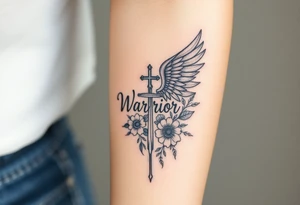 angel wing with word "Warrior" surrounded with flowers and cross tattoo idea